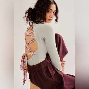 Free People Sz Large NWT Mercury Gray floral lace up back thong Fall Bodysuit